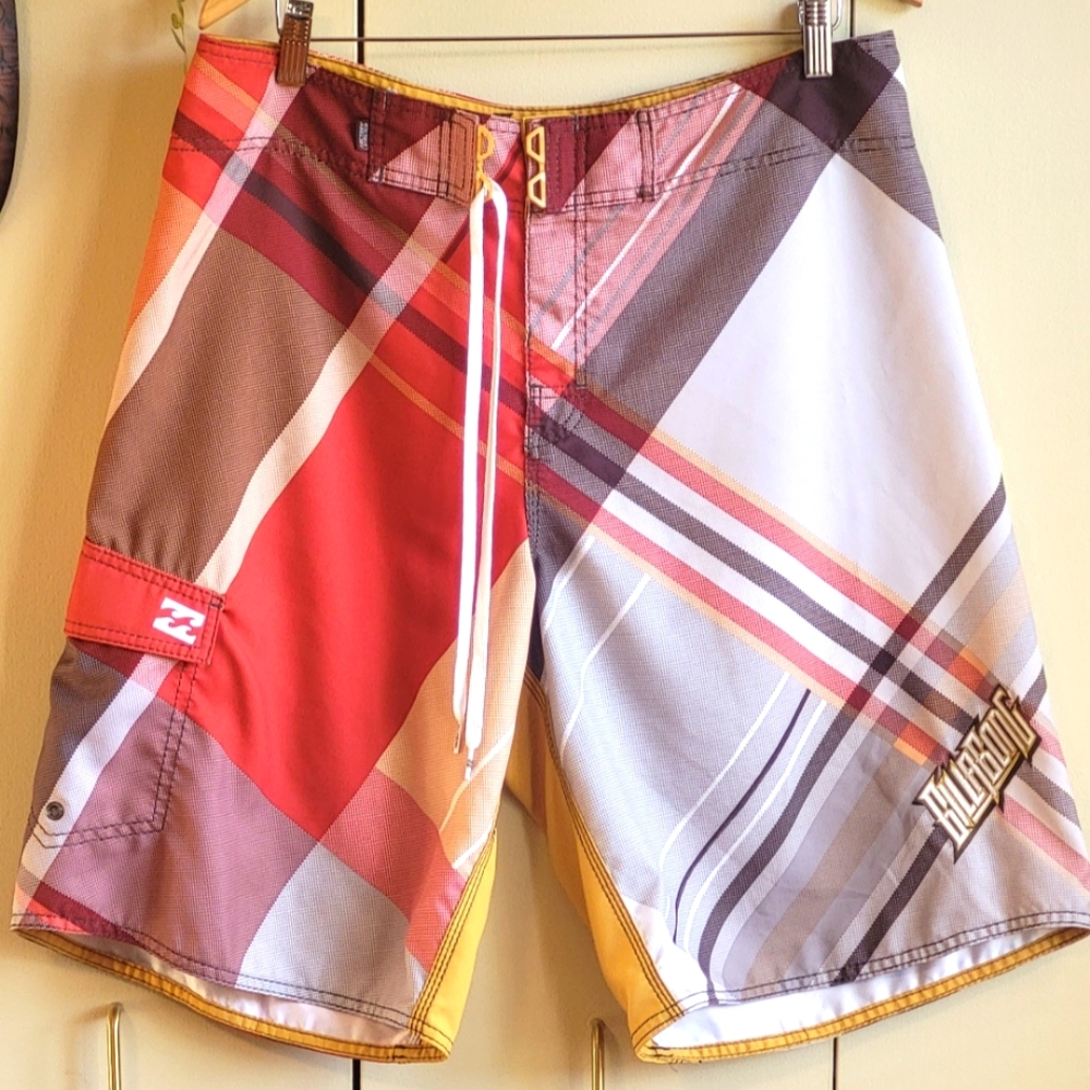 Billabong Board Shorts Mens 36 Swim Trunks Orange Brown Surf Striped Pocket Logo